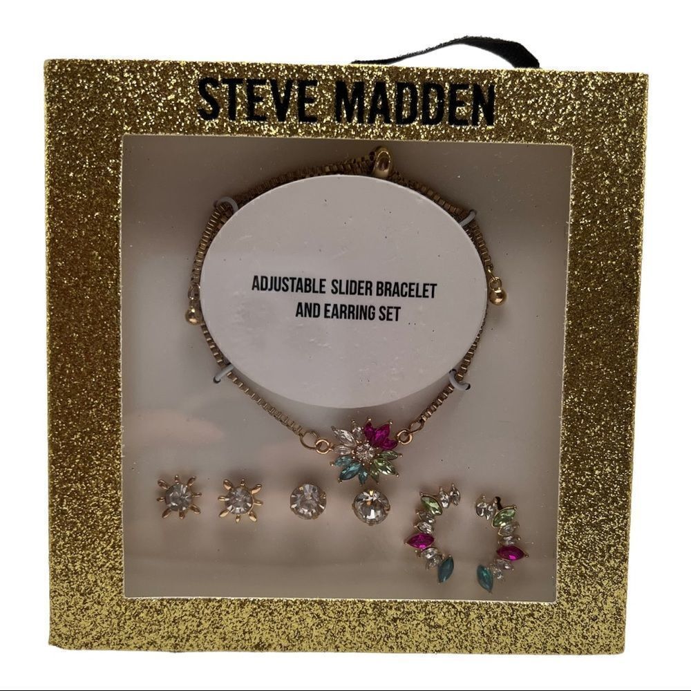 Steve Madden Gold Tone Multicolor Crystal Slider Bracelet & Earrings Set New
